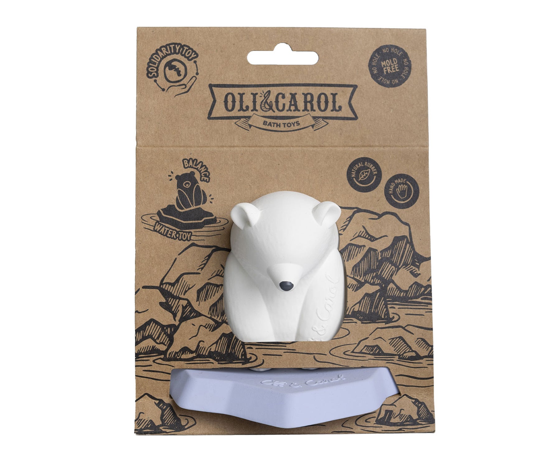 White polar bear chewable toy with Oli & Carol branding in packaging.
